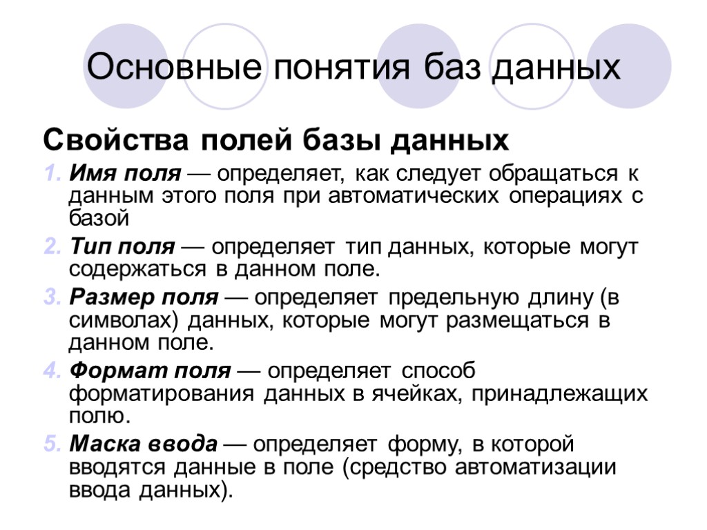 Основные понятия баз данных Свойства полей базы данных Имя поля — определяет, как следует